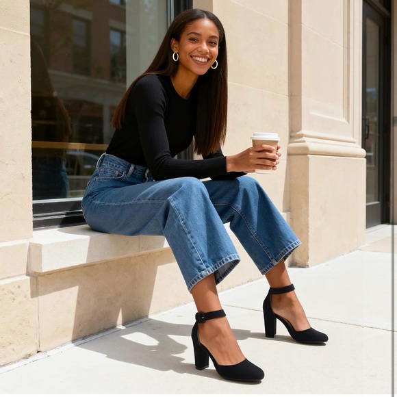 Iamqoo Women’s Size 8.5 Black Almond Toe Ankle Strap High Heels Strappy 3.5” - Picture 3 of 11